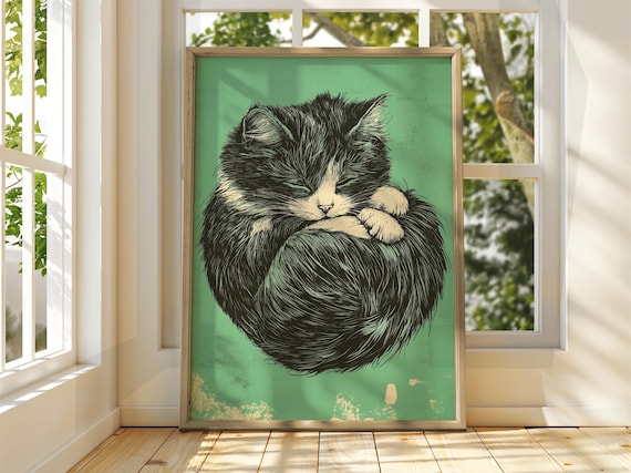 Curled Up Sleeping Cat Illustration Green Vintage Cat Lover Poster