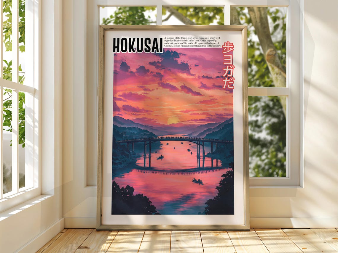 Hokusai Pink Sunset River Bridge Boats Ukiyo E Art Style Poster