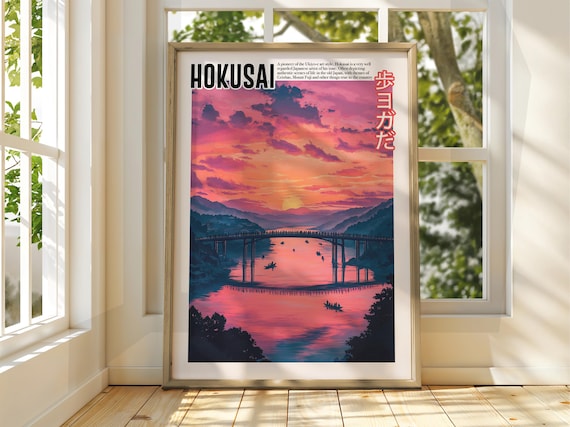 Hokusai Pink Sunset River Bridge Boats Ukiyo E Art Style Poster