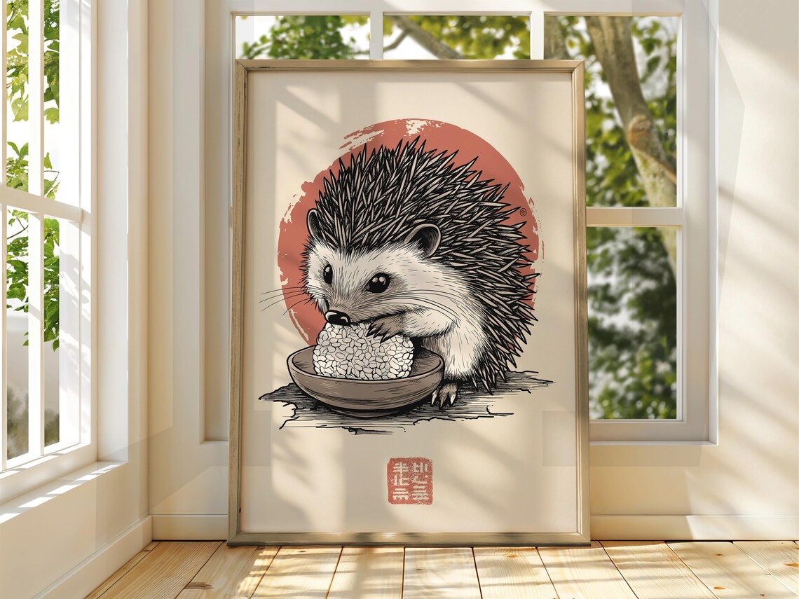 Hedgehog With Rice Art Vintage Japanese Wall Animal Poster Funny Print