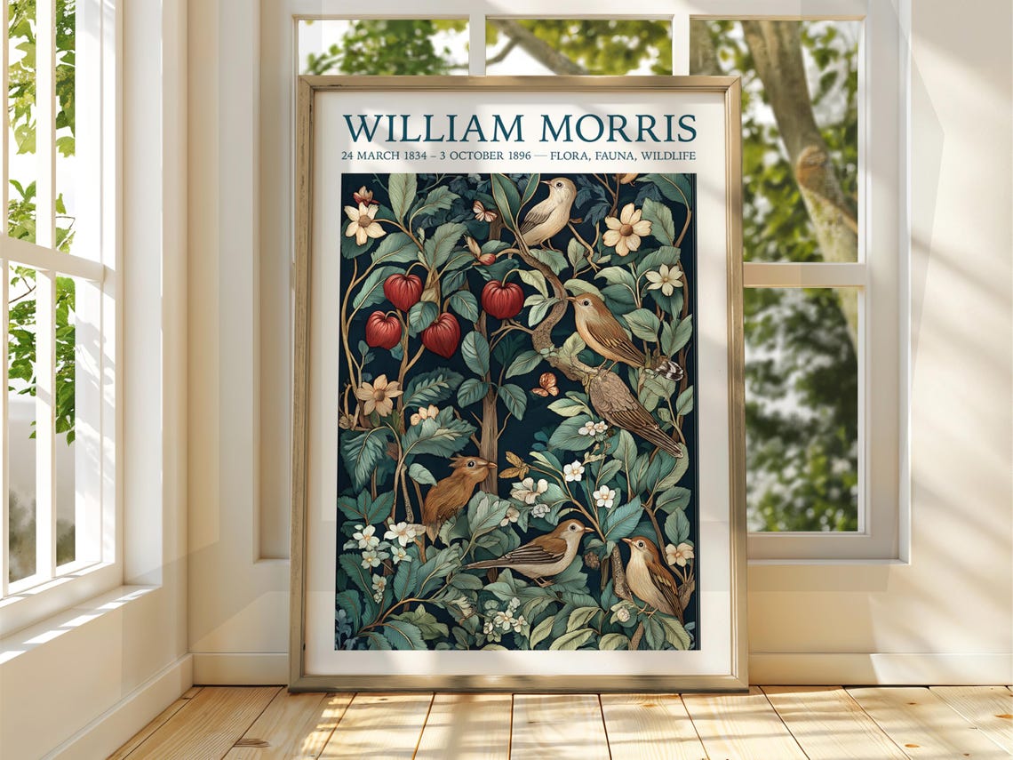 William Morris Style Birds Apple Tree Vintage Botanical Poster