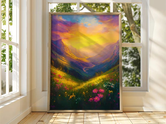 Colourful Sunset Over Valley Poster Oil Painting Art Print Dreamy Warm Summer Landscape Wall Nature Bright Home Decor
