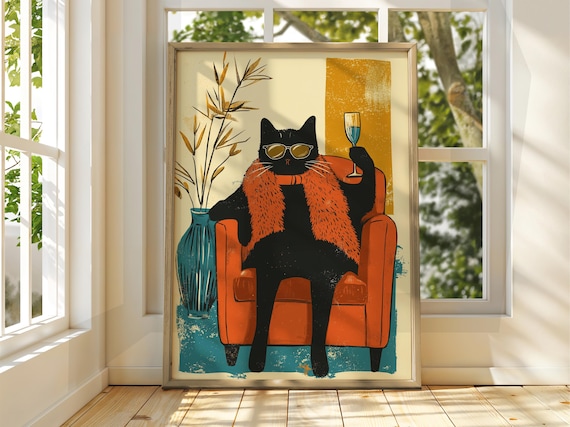 Black Cat Sunglasses Cocktail Retro Vintage Illustration Poster