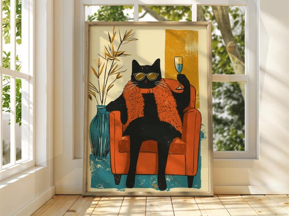 Cat With Wine Poster Wall Art Illustration Fun Animal Funny Drinking Prints Pop Bright