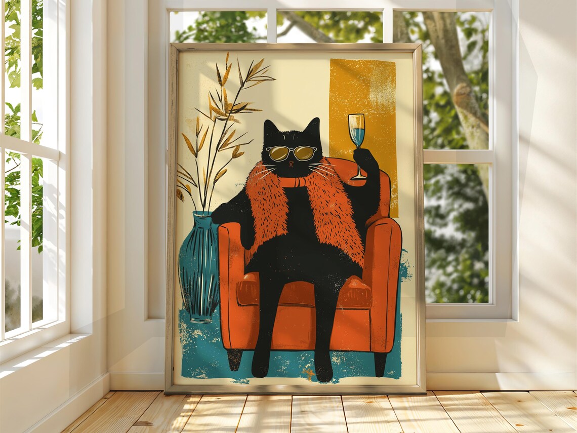Black Cat Sunglasses Cocktail Retro Vintage Illustration Poster