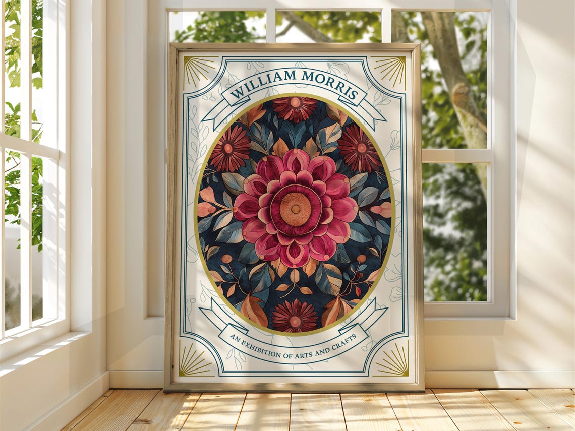 William Morris Pink Flower Medallion Exhibition Arts Crafts Poster