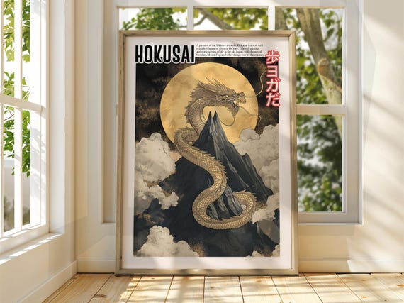 Vintage Japanese Art Ukiyoe Poster Katsushika Hokusai Print Japan Matsumoto Hoji Dragon
