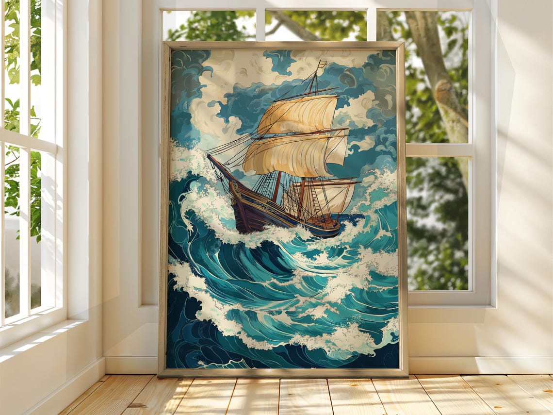 Tall Sailing Ship Riding Giant Ocean Waves Ukiyo-e Style Poster