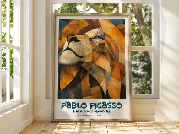 Pablo Picasso Inspired Cubist Lion Portrait Bold Color Art Poster