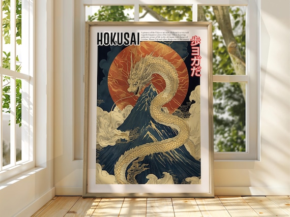 Hokusai Golden Dragon Around Mount Fuji Blazing Red Sun Japanese Poster