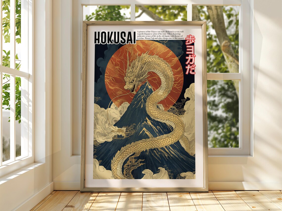Hokusai Golden Dragon Around Mount Fuji Blazing Red Sun Japanese Poster