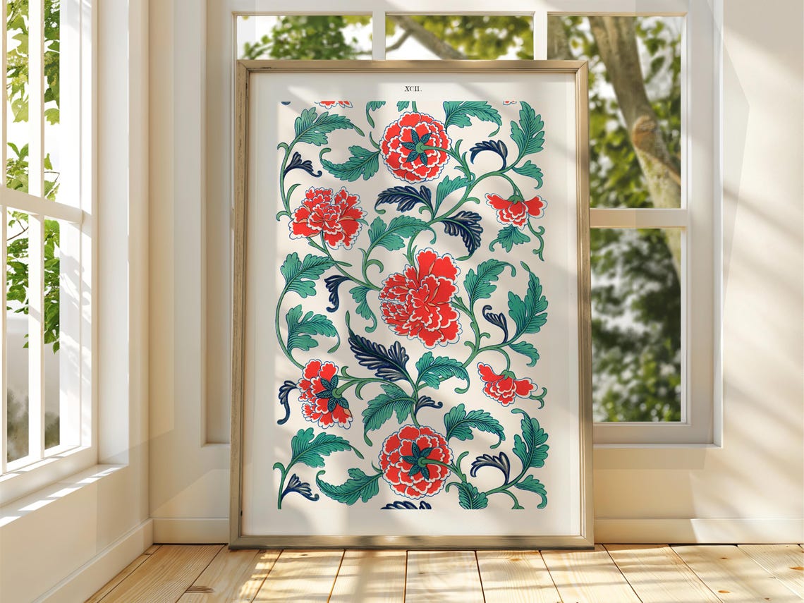 Intricate Red Carnation Floral Pattern Vintage Botanical Art Poster