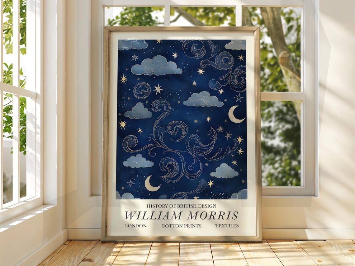 William Morris Style Night Sky Moon Stars Exhibition Gallery Print