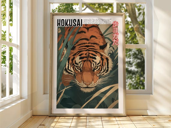 Vintage Japanese Art Ukiyoe Poster Katsushika Hokusai Print Japan Matsumoto Hoji Tiger