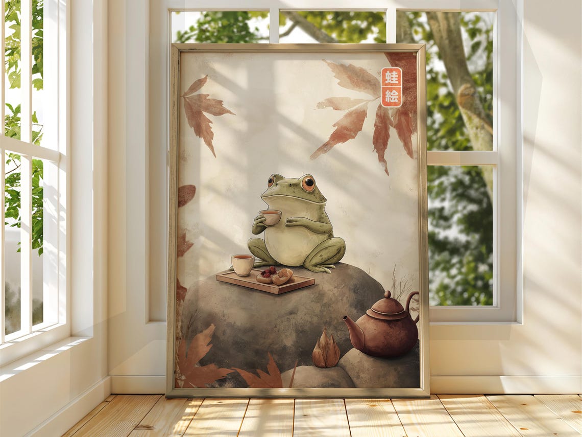 Japanese Frog in Kimono Holding Fish Vintage Red Seal Art Poster