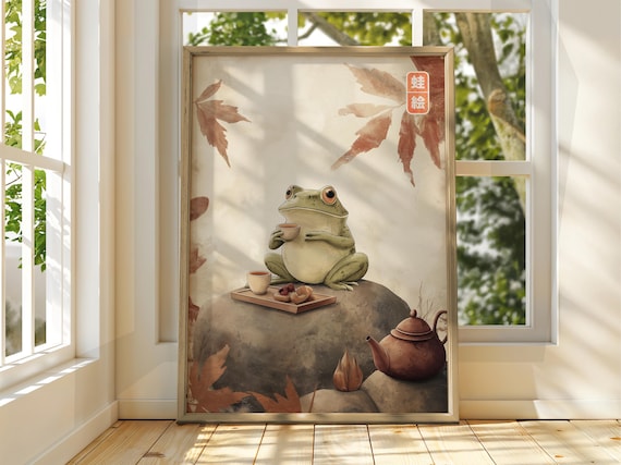 Japanese Frog in Kimono Holding Fish Vintage Red Seal Art Poster