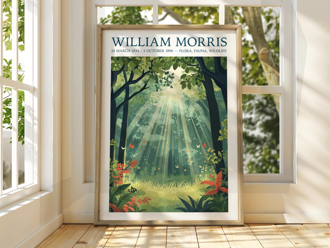 William Morris Style Autumn Forest Poster, Trees Stars