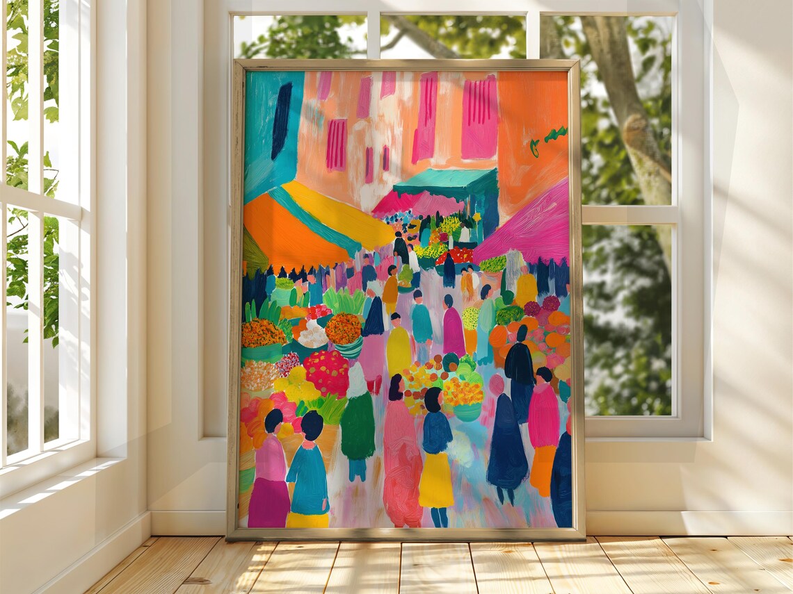 Colorful Flower Market Crowd Fauvist Style Vibrant Painting Poster
