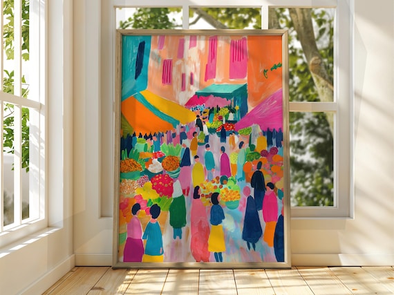 Colorful Flower Market Crowd Fauvist Style Vibrant Painting Poster