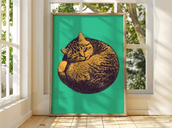 Sleeping Cat Poster Wall Art Illustration Fun Animal Feline Decor Kitten Black Pet Green
