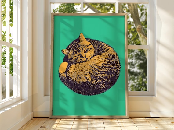 Sleeping Tabby Cat Curled Up Green Background Woodcut Style Poster