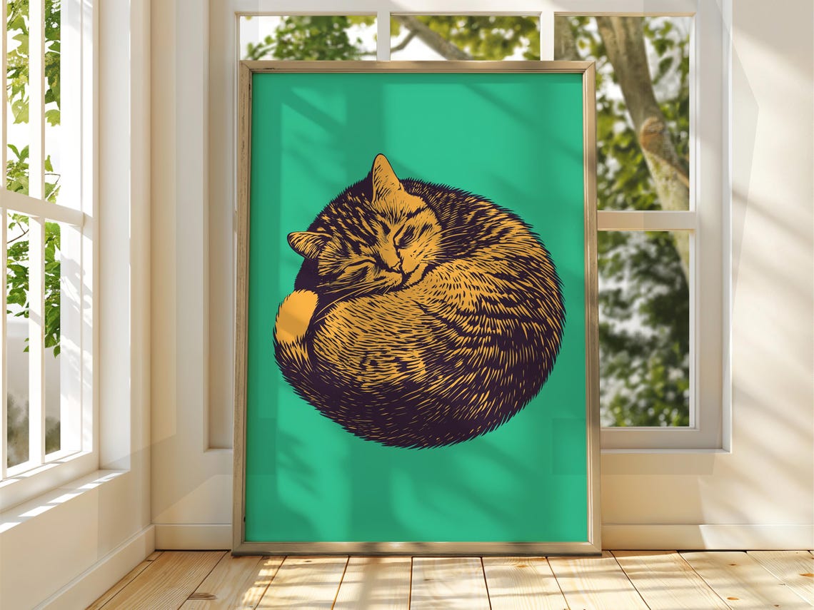 Sleeping Tabby Cat Curled Up Green Background Woodcut Style Poster