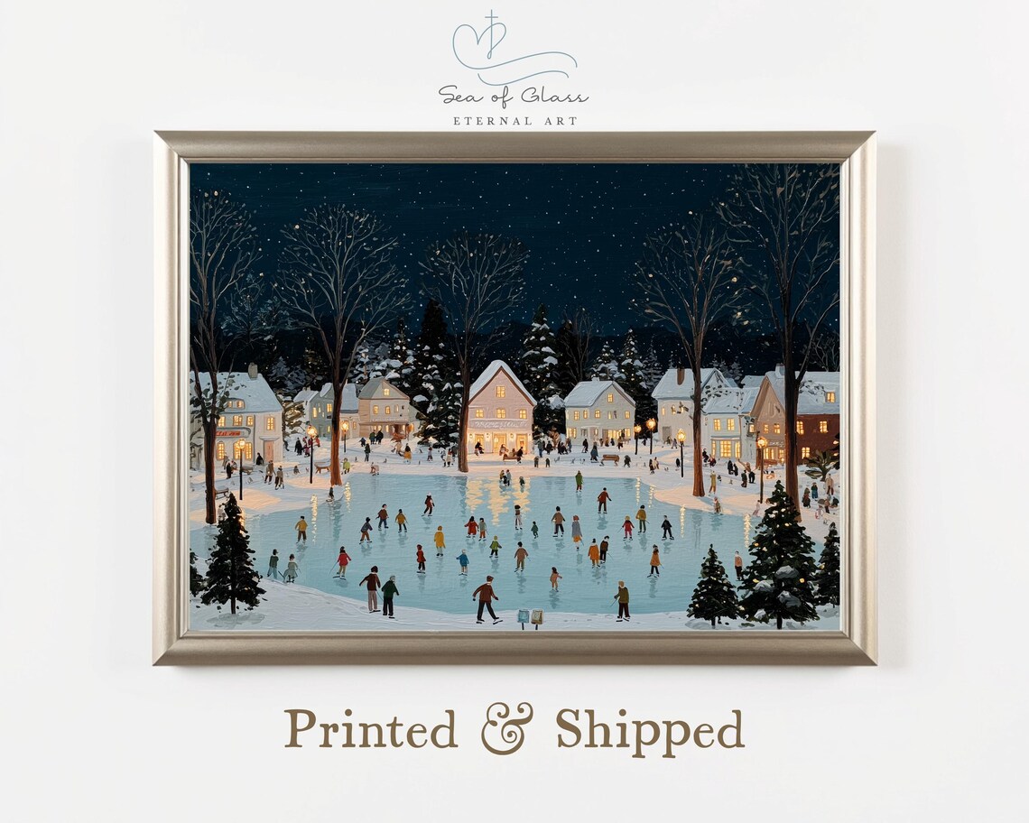 Winter Village Ice Skating Festive Folk Art Print