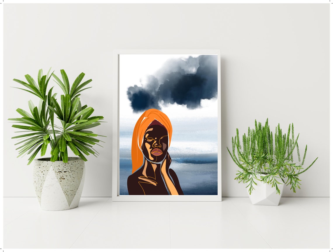 Dramatic Black Woman Orange Headwrap Storm Cloud Seascape Poster