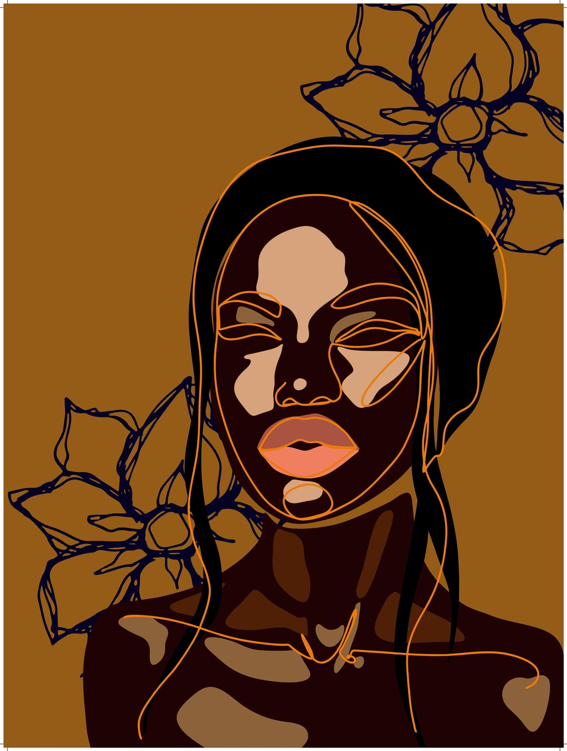 Golden Woman Portrait Navy Line Flowers Orange Accent Art Poster - Image 3