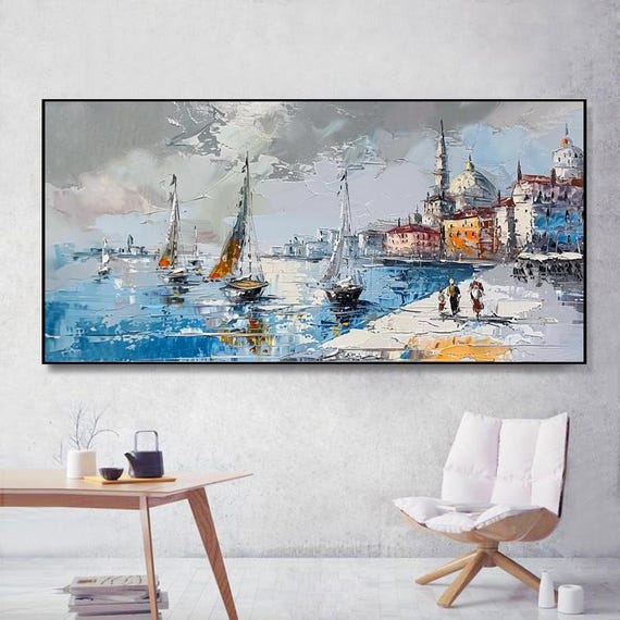 Abstract Seascape Oil Painting Textured Palette Knife Art With Blue Sky White Clouds Sailboats Harbor And Castle For Living Room