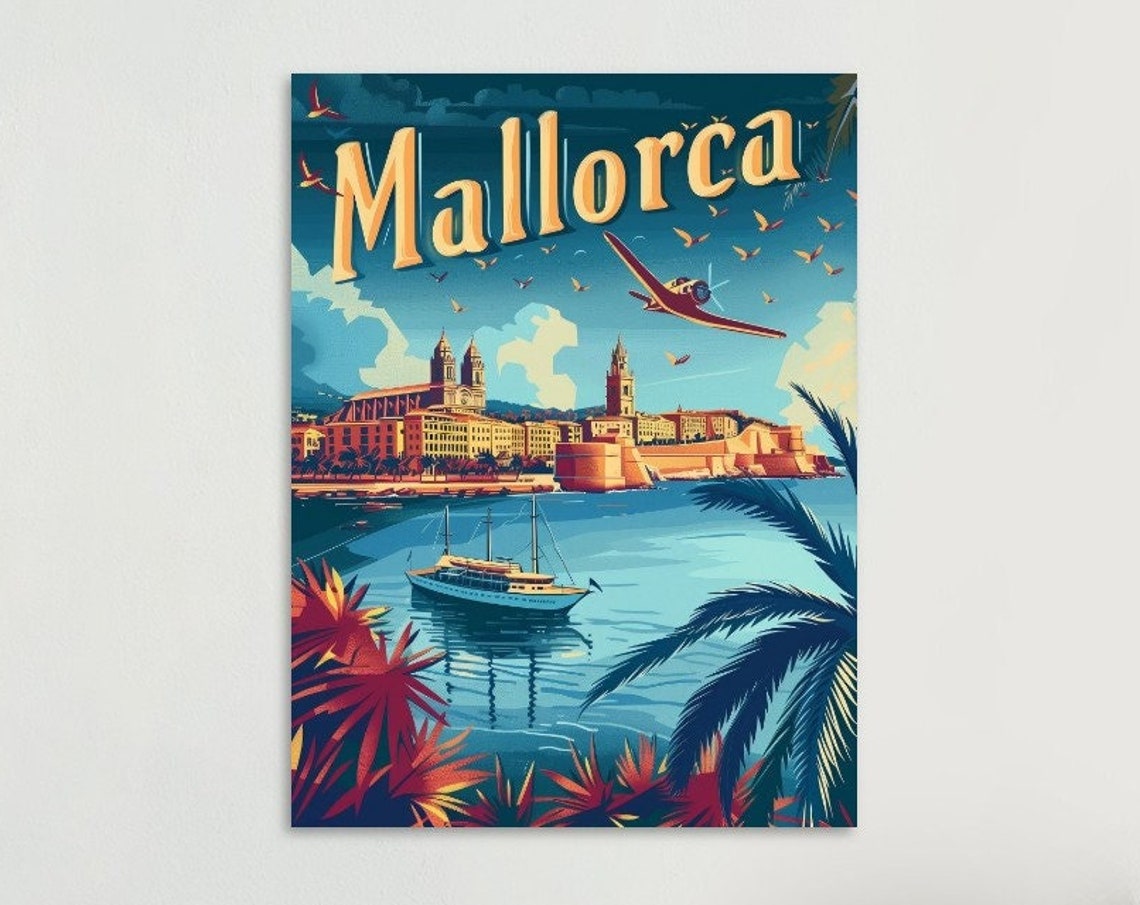 Mallorca Retro Vintage Cathedral Harbor Seaplane Spain Travel Poster