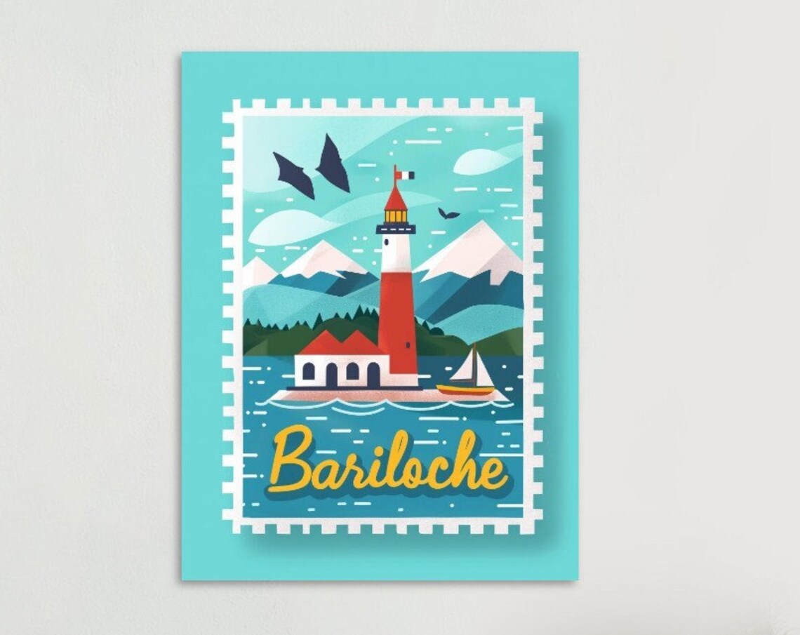 Bariloche Lighthouse Mountain Lake Vintage Travel Stamp Poster