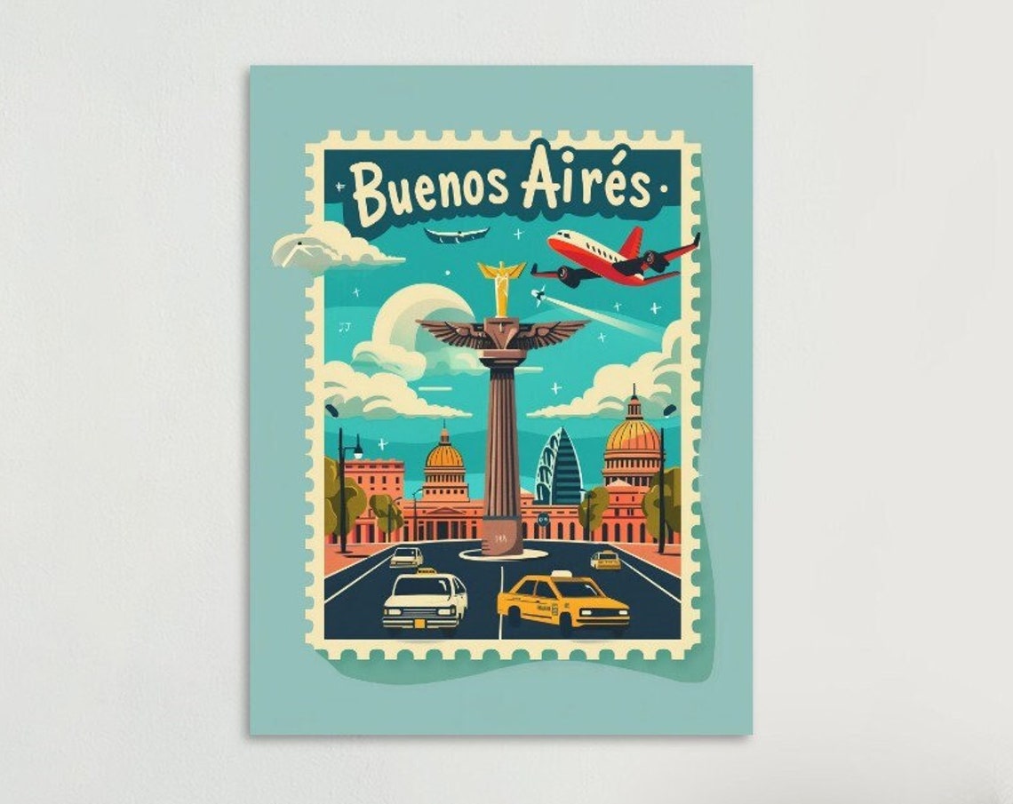 Buenos Aires Monument Taxis Avenue Vintage Travel Stamp Poster