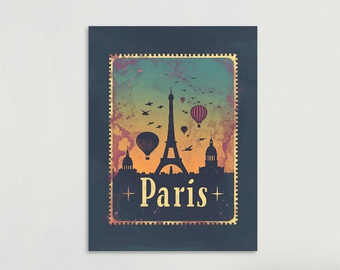 Paris Eiffel Tower Hot Air Balloons Sunset Stamp Style Travel Poster