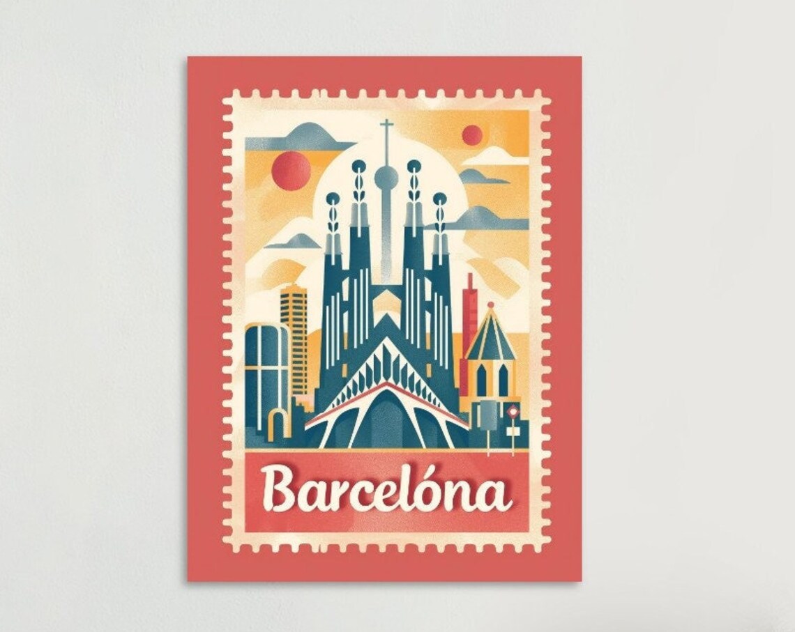 Barcelona Spain Sagrada Familia Spires Sunset Stamp Travel Poster