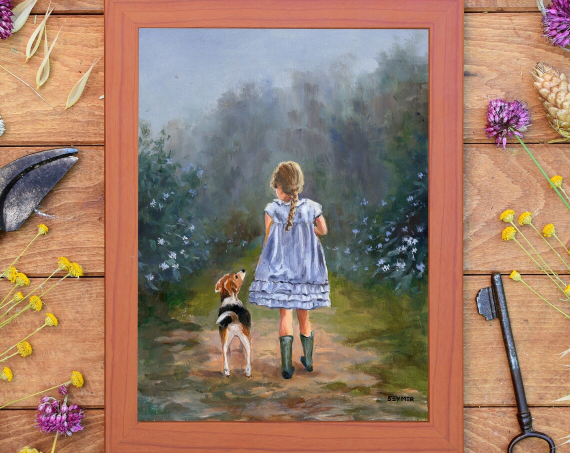 Little Girl Beagle Dog Garden Path Walking Away Oil Painting Poster - Image 6