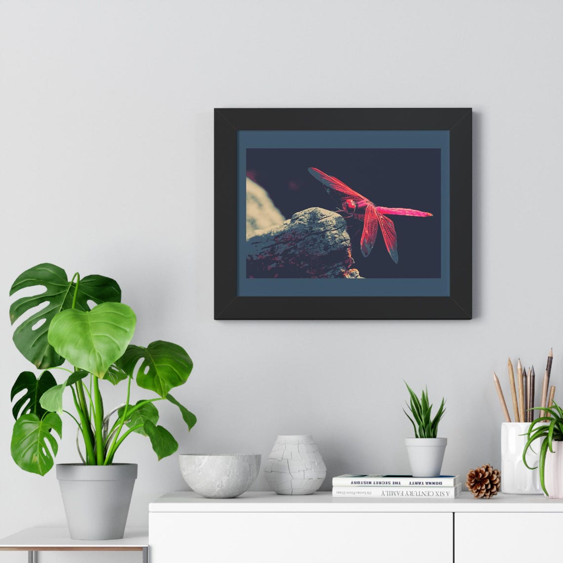 Bold Vivid Red Scarlet Dragonfly Resting on a Rock Framed Poster - Image 2