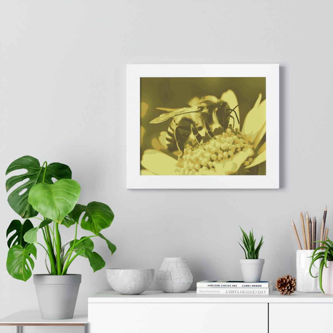 Honeybee on Flower Close-Up in Warm Sepia Tone Framed Poster - Image 2