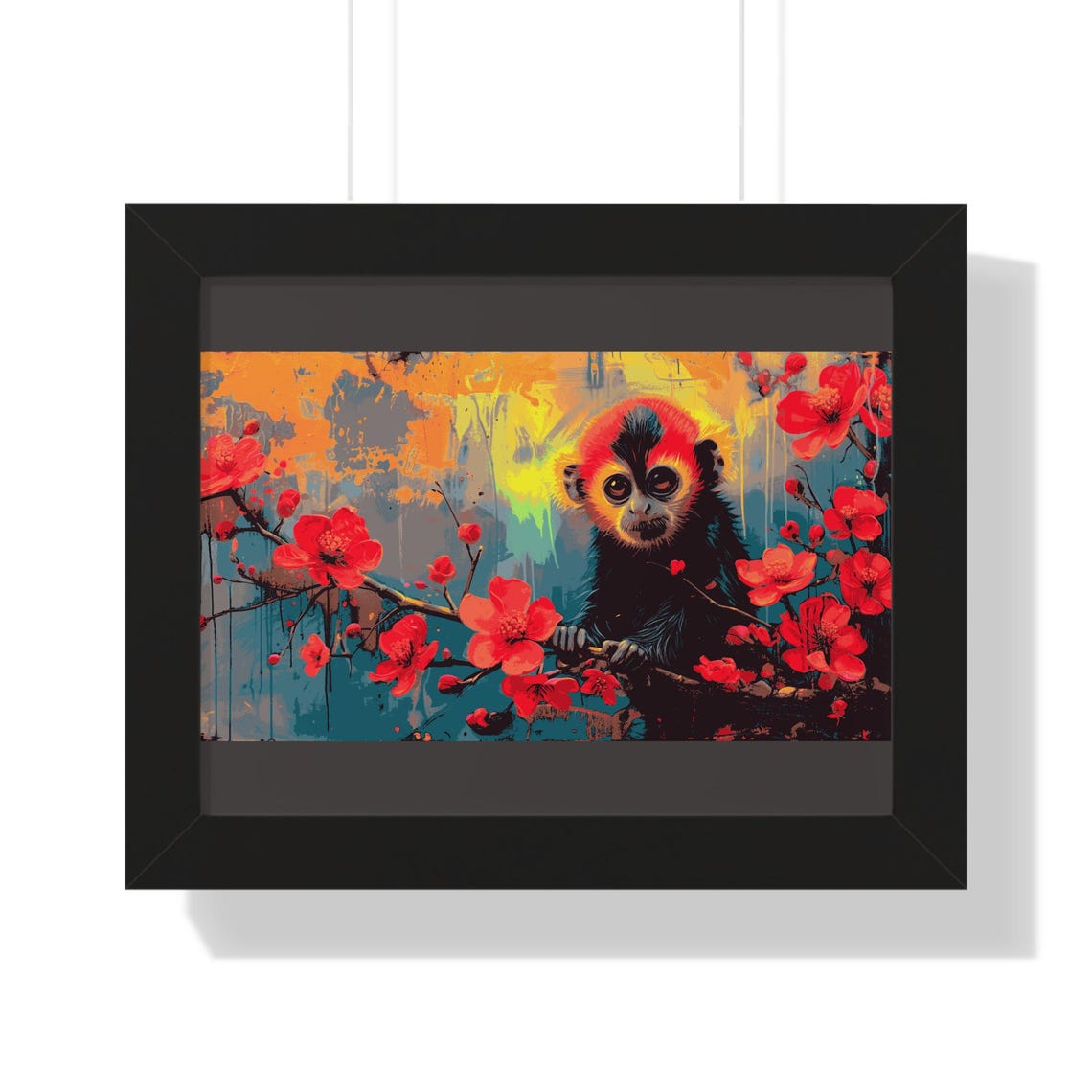 Colorful Monkey with Red Fur Among Cherry Blossoms Grunge Art Poster