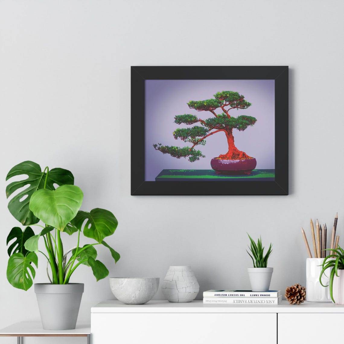 Windswept Green Pine Bonsai Tree in Purple Pot Framed Poster - Image 4
