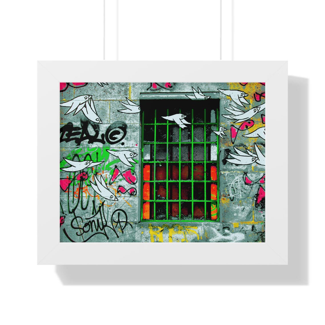 Colorful Graffiti Birds Flying Around Barred Window Framed Poster