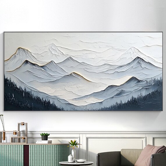 Large Gray And White Mountain Textured Painting Serene Landscape Painting Contemporary Art Minimalist Wall Painting Custom Wall Decor