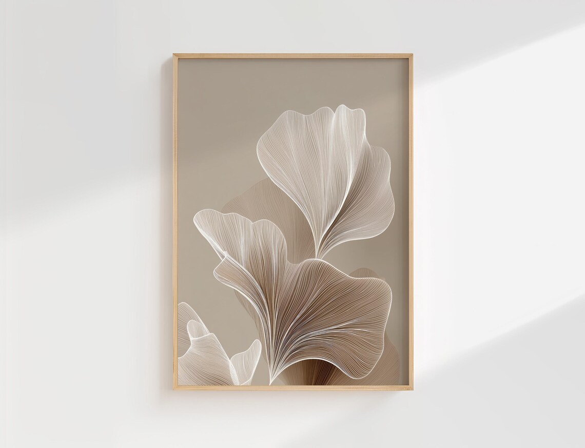 Japandi Ginkgo Leaf Art Print, Minimalist Neutral Beige