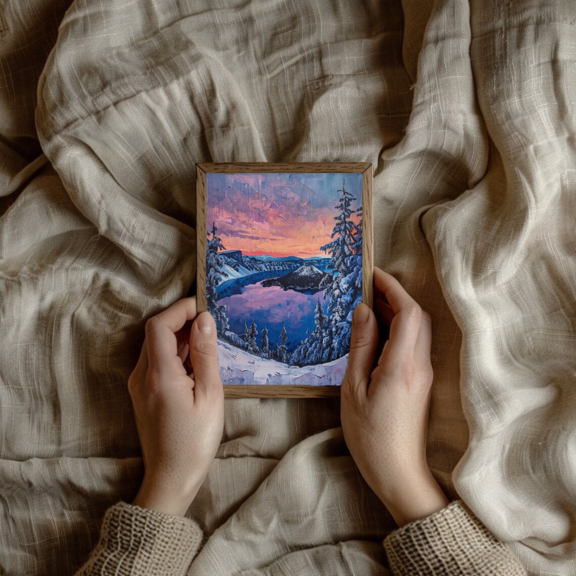 Crater Lake Oregon Winter Sunset With Snowy Pines Oil Painting Poster - Image 3