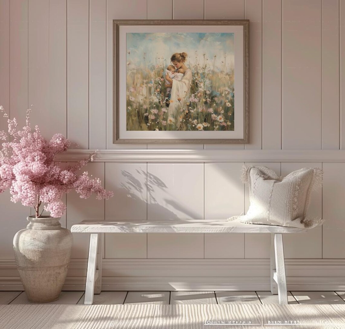 Mother Holding Her Twin Babies in a Wildflower Meadow Poster - Image 2