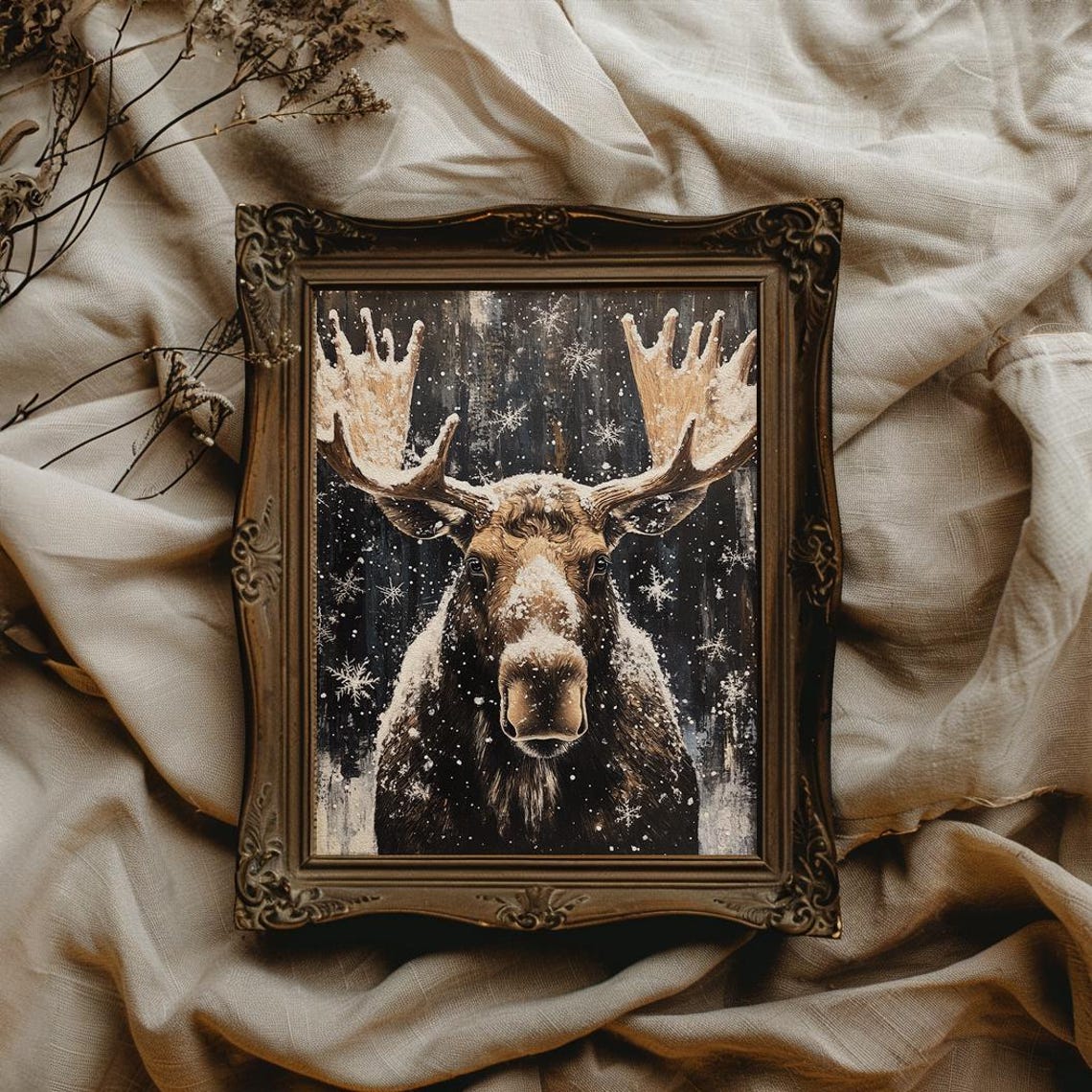 Moose Portrait in Falling Snow Against a Dark Winter Forest Poster - Image 2