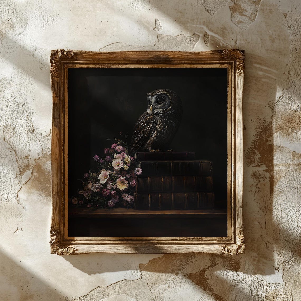 Owl on a Stack of Old Books with Flowers Dark Academia Poster - Image 2