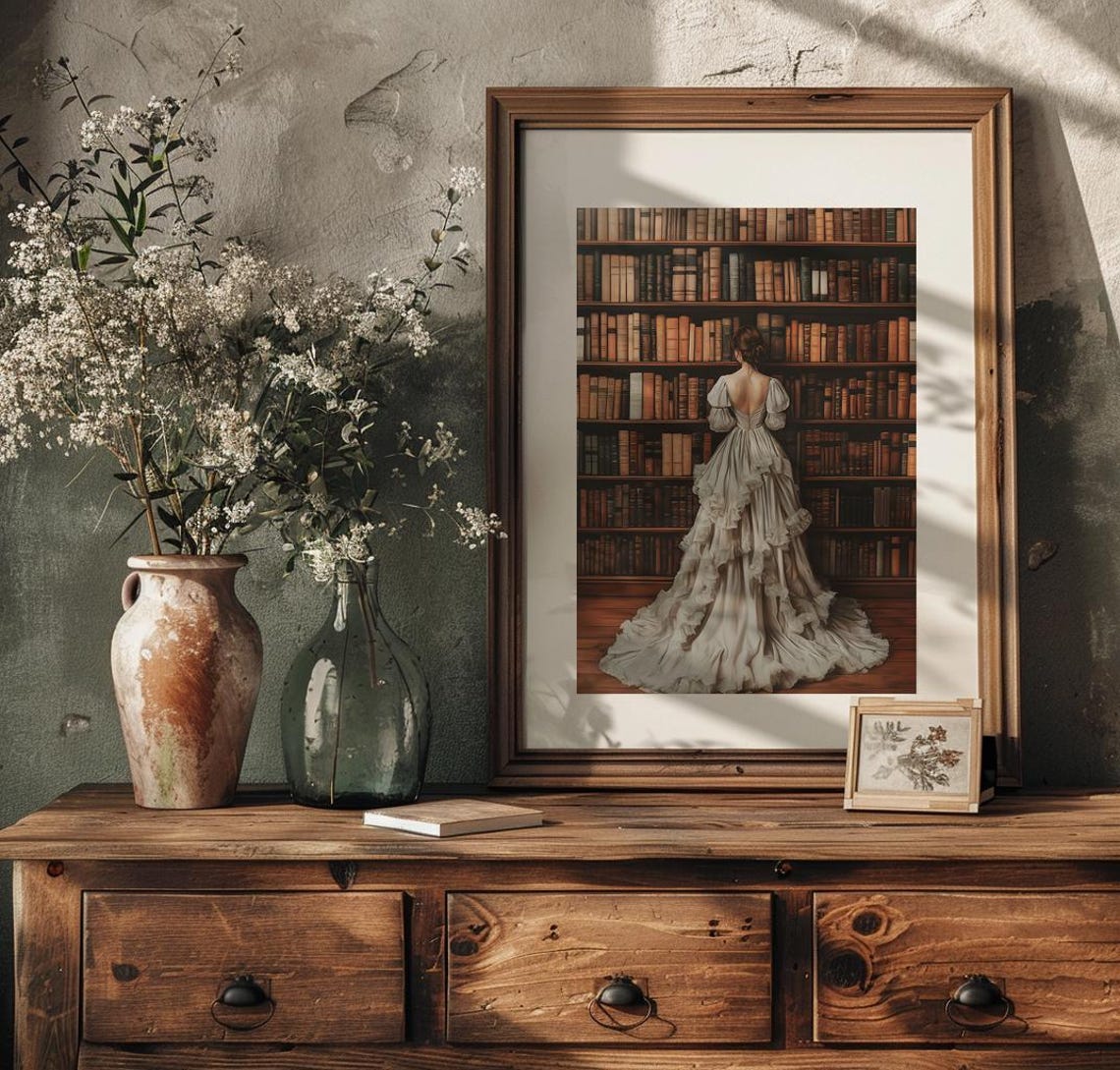 Woman In Gown Before Library Bookshelves Dark Academia Book Poster - Image 4