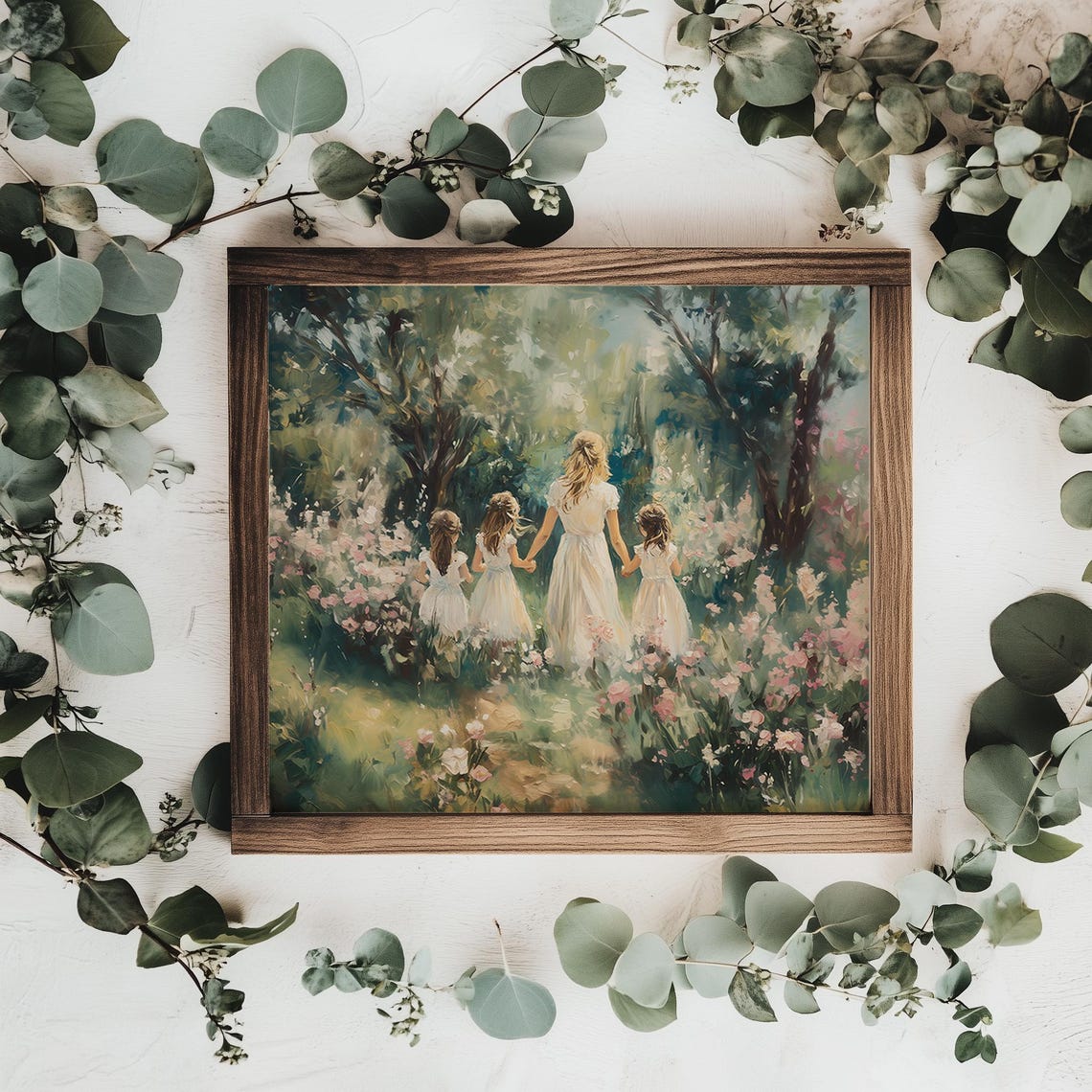 Mother Holding Hands with Three Young Daughters in Garden Poster - Image 3
