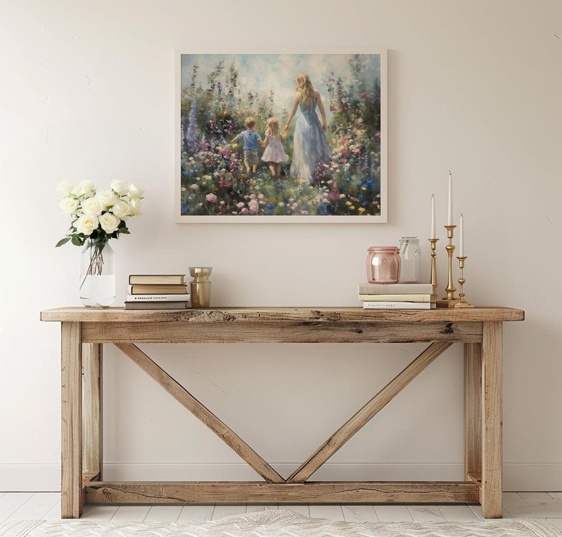 Mother and Two Children Strolling Through Wildflower Garden Poster - Image 2